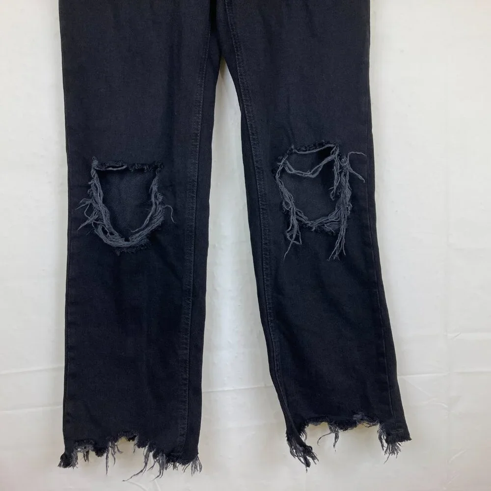 FREE PEOPLE Sz 25 Maggie Black Distressed Jeans Raw Hem Button Fly Mid Rise‎